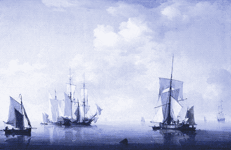 Obraz: „Statki podczas ciszy morskiej”, obraz Charles Brooking, pierwsza połowa XVIII wieku.