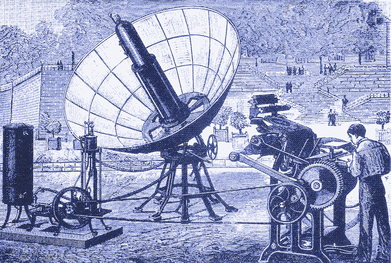 Grafika: Zasilana energią słoneczną prasa drukarska Augustina Mouchot&rsquo;a, 1882 rok.